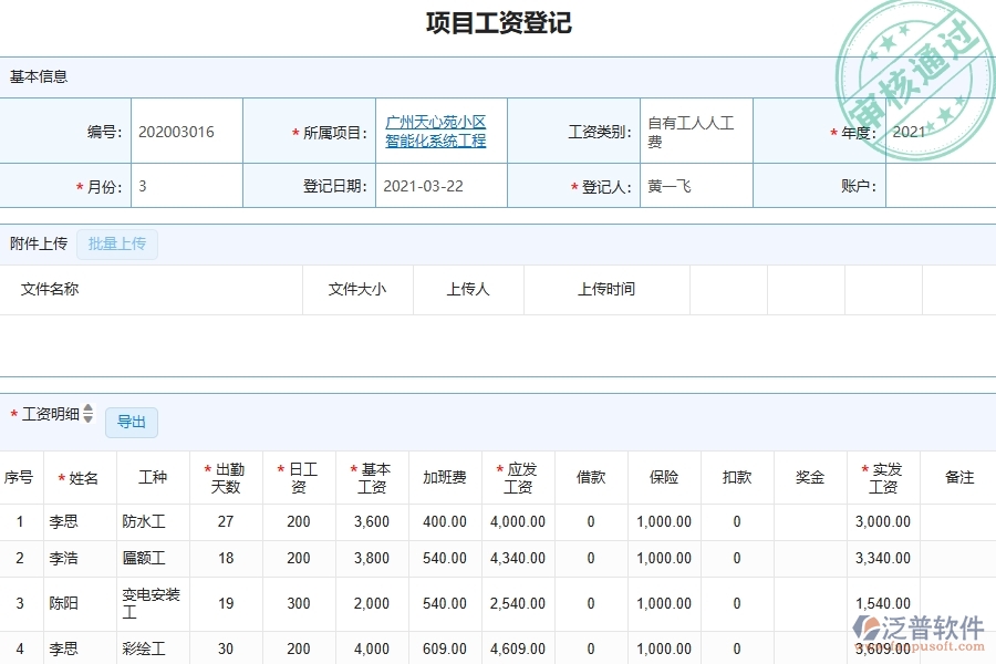三、泛普軟件-園林工程企業(yè)管理系統(tǒng)中的項目工資列表主要內(nèi)容