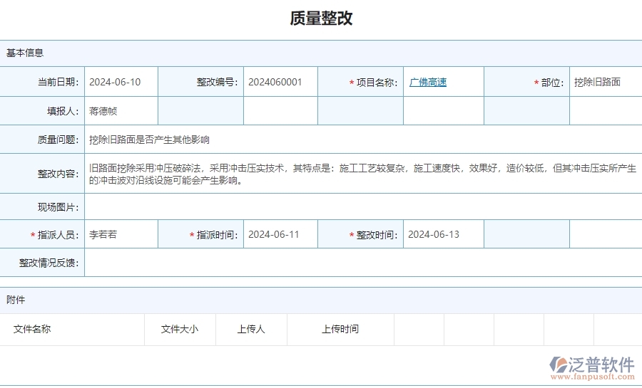 三、泛普軟件-公路工程企業(yè)管理系統(tǒng)中的質(zhì)量整改列表主要內(nèi)容