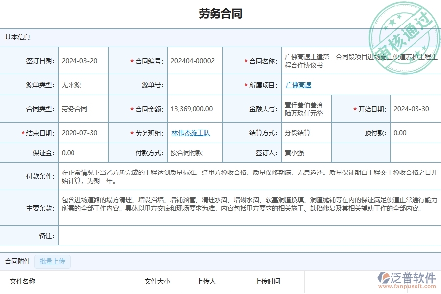 三、泛普軟件-公路工程管理系統(tǒng)中勞務(wù)合同的注意事項(xiàng)
