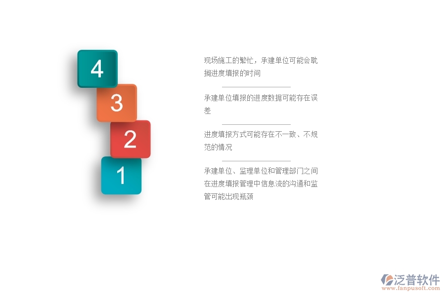 　　一、公路工程企業(yè)在進(jìn)度列表管理過(guò)程中存在的問(wèn)題有哪些  　　1、現(xiàn)場(chǎng)施工的繁忙，承建單位可能會(huì)耽擱進(jìn)度填報(bào)的時(shí)間，導(dǎo)致監(jiān)理單位和管理部門(mén)不能及時(shí)掌握項(xiàng)目的整體進(jìn)度情況。  　　2、承建單位填報(bào)的進(jìn)度數(shù)據(jù)可能存在誤差，如進(jìn)度節(jié)點(diǎn)的處理和審核不準(zhǔn)確，影響項(xiàng)目進(jìn)度的跟蹤和管理。  　　3、進(jìn)度填報(bào)方式可能存在不一致、不規(guī)范的情況，如進(jìn)度條目的格式不正確，起始時(shí)間和結(jié)束時(shí)間不清晰等，給后續(xù)數(shù)據(jù)處理和分析帶來(lái)困難。  　　4、在進(jìn)度填報(bào)過(guò)程中可能沒(méi)有及時(shí)記錄，無(wú)法追溯，導(dǎo)致后期數(shù)據(jù)統(tǒng)計(jì)與分析時(shí)無(wú)法確定具體的數(shù)據(jù)參考來(lái)源。  　　5、可能出現(xiàn)漏填、遺漏或者不完整的情況，導(dǎo)致數(shù)據(jù)處理不準(zhǔn)確，影響后續(xù)工作的提前預(yù)警、異常處理和決策分析。  　　6、承建單位、監(jiān)理單位和管理部門(mén)之間在進(jìn)度填報(bào)管理中信息流的溝通和監(jiān)管可能出現(xiàn)瓶頸，導(dǎo)致監(jiān)管難度加大，進(jìn)度管理效果下降。  　　二、泛普軟件-公路工程企業(yè)系統(tǒng)中進(jìn)度列表管理的管控點(diǎn)  　　1、制定進(jìn)度填報(bào)的標(biāo)準(zhǔn)格式，包括條目名稱(chēng)、填寫(xiě)格式、單位規(guī)定等，確保各方填報(bào)數(shù)據(jù)的格式一致性和標(biāo)準(zhǔn)化。  　　2、明確進(jìn)度填報(bào)的責(zé)任人和責(zé)任部門(mén)，細(xì)化填報(bào)流程和進(jìn)度監(jiān)管機(jī)制，確保進(jìn)度數(shù)據(jù)的完整性和準(zhǔn)確性。  　　3、采用信息化手段，如進(jìn)度管理系統(tǒng)、移動(dòng)App等，實(shí)現(xiàn)企業(yè)信息化管理和數(shù)據(jù)共享，促進(jìn)信息共享和協(xié)同工作。  　　4、在現(xiàn)場(chǎng)設(shè)立進(jìn)度填報(bào)點(diǎn)，配備專(zhuān)人跟蹤填報(bào)進(jìn)度數(shù)據(jù)，并對(duì)填報(bào)數(shù)據(jù)進(jìn)行審核和公示，有效控制填報(bào)數(shù)據(jù)的準(zhǔn)確性和實(shí)時(shí)性。  　　5、對(duì)進(jìn)度數(shù)據(jù)進(jìn)行分析，及時(shí)發(fā)現(xiàn)進(jìn)度異常情況并進(jìn)行預(yù)警和處理，以便保證項(xiàng)目進(jìn)度的正常推進(jìn)和提高施工效率。  　　6、將進(jìn)度填報(bào)數(shù)據(jù)進(jìn)行歸檔，建立進(jìn)度數(shù)據(jù)檔案庫(kù)，方便后期數(shù)據(jù)的查找和溯源，也便于后續(xù)的經(jīng)驗(yàn)總結(jié)和管理優(yōu)化。  　　三、泛普軟件-公路工程系統(tǒng)中進(jìn)度列表管理的技術(shù)優(yōu)勢(shì)  　　1、提高數(shù)據(jù)處理和分析的效率，實(shí)現(xiàn)實(shí)時(shí)數(shù)據(jù)共享和協(xié)同工作，減少重復(fù)工作和數(shù)據(jù)錯(cuò)誤，提升工作效率和施工質(zhì)量。  　　2、相較于傳統(tǒng)手工填寫(xiě)，數(shù)據(jù)的準(zhǔn)確性和實(shí)時(shí)性得到了很大程度上的提升，能夠更為精準(zhǔn)地掌握項(xiàng)目進(jìn)度的狀態(tài)，提升項(xiàng)目和施工質(zhì)量。  　　3、通過(guò)數(shù)據(jù)歸檔和建立數(shù)據(jù)檔案庫(kù)的方式，將填報(bào)的數(shù)據(jù)進(jìn)行歸檔，能夠方便后續(xù)的數(shù)據(jù)查找、溯源和數(shù)據(jù)分析，為后續(xù)工作提供數(shù)據(jù)支撐和決策依據(jù)。  　　4、實(shí)現(xiàn)不同部門(mén)和人員之間的信息共享和協(xié)同工作，能夠減少信息孤島和信息壁壘的出現(xiàn)，提高協(xié)同工作效率和施工質(zhì)量。  　　5、及時(shí)發(fā)現(xiàn)和處理施工過(guò)程中的問(wèn)題和風(fēng)險(xiǎn)，及時(shí)調(diào)整和優(yōu)化施工進(jìn)度和資源配置，提高工作流程和管理效率。  　　四、泛普軟件-公路工程管理系統(tǒng)在進(jìn)度列表中的解決方案  　　1、數(shù)據(jù)采集：通過(guò)系統(tǒng)采集設(shè)備監(jiān)測(cè)、人員作業(yè)等數(shù)據(jù)，實(shí)現(xiàn)數(shù)據(jù)自動(dòng)化和準(zhǔn)確性。  　　2、進(jìn)度分解：將工程項(xiàng)目按工序分解成多個(gè)節(jié)點(diǎn)，通過(guò)進(jìn)度管理系統(tǒng)進(jìn)行進(jìn)度規(guī)劃，確定各工序的計(jì)劃開(kāi)始時(shí)間、結(jié)束時(shí)間、工期等信息，形成進(jìn)度計(jì)劃表。  　　3、進(jìn)度跟蹤：通過(guò)實(shí)時(shí)監(jiān)控工程進(jìn)度，對(duì)進(jìn)度偏差情況進(jìn)行預(yù)警和報(bào)警，及時(shí)調(diào)整進(jìn)度計(jì)劃，保證施工工序按照計(jì)劃有序進(jìn)行。  　　4、進(jìn)度協(xié)同：系統(tǒng)內(nèi)部溝通協(xié)作，實(shí)現(xiàn)不同人員、部門(mén)的進(jìn)度信息共享和協(xié)同工作，減少信息重復(fù)填寫(xiě)和過(guò)時(shí)的情況，提高工作效率。  　　5、進(jìn)度分析：通過(guò)進(jìn)度數(shù)據(jù)分析，快速判斷工程進(jìn)度的偏差情況和原因，對(duì)進(jìn)度延誤和提前因素進(jìn)行分析和處理，提高工程質(zhì)量和效益。  　　6、進(jìn)度報(bào)告：根據(jù)進(jìn)度數(shù)據(jù)生成報(bào)表和圖表，實(shí)現(xiàn)進(jìn)度數(shù)據(jù)的可視化展示，為管理決策提供數(shù)據(jù)支撐。