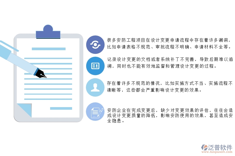　　一、 多數(shù)安防企業(yè)在設計變更管理中存在的漏洞  　　1、很多安防工程項目在設計變更申請流程中存在著許多漏洞，比如申請表格不規(guī)范、審批流程不明確、申請材料不全等。  　　2、記錄設計變更的文檔或者系統(tǒng)補丁不完善，導致后期難以追溯，同時也不能有效地監(jiān)督和管理設計變更的過程。  　　3、在安防工程企業(yè)中，審批權的分配不夠明確，導致審批不及時或者超時等問題的出現(xiàn)，對設計變更的推進造成了一定的阻礙。  　　4、存在著許多不規(guī)范的情況，比如實施方式不當、實施流程不清晰等，這些都會嚴重影響設計變更的效果。  　　5、安防企業(yè)在完成變更后，缺少對變更效果的評估，往往會造成設計變更質量的降低，影響安防使用的效果，甚至造成安全隱患。  　　6、缺乏完善的告知機制，導致團隊成員之間出現(xiàn)溝通不暢、信息傳遞不及時的問題，影響設計變更的推進。  　　7、安防企業(yè)在設計變更過程中，控制不夠嚴格，對一些未經批準的變更行為進行了遷就和縱容，導致變更效果不佳，甚至可能引起安全隱患。  　　二、泛普軟件-安防工程項目系統(tǒng)在設計變更管理中的方案  　　1、建立標準化的設計變更流程和規(guī)范，包括設計變更申請、審核、決策、實施和監(jiān)管等環(huán)節(jié)，使員工在變更管理中合理有序地進行工作。  　　2、加強溝通和協(xié)調，確保各個部門和人員之間的信息交流和共享。針對設計變更的問題，積極開展協(xié)商，并及時給出解決方案。  　　3、泛普軟件建立嚴格的審核控制機制，確保設計變更的質量和安全性。審核應該對設計變更的必要性、可行性、安全性、質量及經濟性等方面進行綜合考慮。  　　4、確立明確的指引和責任體系，使員工在變更管理中知道要做什么，怎么做，以及誰負責。指引和責任應該覆蓋變更管理的各個環(huán)節(jié)。  　　5、建立變更追蹤機制，及時記錄變更發(fā)生的原因、變更量、變更方案及結果等信息，以便于掌握變更發(fā)展趨勢和變更效果。  　　6、安防工程項目系統(tǒng)應充分考慮變更的價值，了解變更的目的和意義，及時調整變更方案，以便達到最佳效果。  　　7、提供必要的技術和知識支持，包括技術規(guī)范、指南、工具和培訓等。  　　三、泛普軟件-安防工程企業(yè)管理系統(tǒng)中的設計變更管理內容  　　1、對于項目中的所有變更設計，應該進行識別和編號，以方便統(tǒng)計、審核和管理。編號應該與原有設計文檔相關，便于跟蹤變更歷史。  　　2、設計變更申請流程應該明確，包括變更申請人、變更內容、變更原因、變更影響和審核程序等，方便后續(xù)跟蹤和記錄。  　　3、泛普軟件建立嚴格的變更審核和審批程序，確保變更的合法性和可行性。包括設計文件修改記錄和設計變更的完整性檢查。  　　4、及時通知有關部門，確保所有相關人員可以了解變更內容和影響，及時做出調整。針對設計變更出現(xiàn)的問題，應及時進行溝通和解決。  　　5、進行多方面的控制和跟蹤，尤其是對更改后的設計文件進行管理和保存。對于變更后涉及到的其他單據(jù)和流程也應加以控制和跟蹤。  　　6、及時反饋評估結果，獲取客戶對變更的反饋和評價。同時，還需要對設計變更實施的結果進行審核和評估，確保變更達到預期的目標。  　　四、泛普軟件-安防工程企業(yè)設計變更管理系統(tǒng)的優(yōu)點  　　1、支持在線留言、通知、郵件等方式及時溝通和協(xié)作，減少了傳統(tǒng)設計平臺的紙質交流和時間浪費，提高了管理效率。  　　2、泛普軟件可以上傳、下載文件，實現(xiàn)了數(shù)據(jù)可視化、可追溯、可分享等特點，多人協(xié)作時數(shù)據(jù)共享方便，信息公開透明。  　　3、提供歷史數(shù)據(jù)分析，資料庫存儲、查詢、引用、歸檔等功能，方便工程師針對數(shù)據(jù)進行研究和分析，并為設計的科學性、精細性提供支撐。  　　4、對項目進行完整的變更管理，并支持變更的跟蹤記錄、變更審批進度查看等功能，既保證了工程進度，也保證了工程設計質量。  　　5、設置了項目、組織、流程等多種管理層級，可以將多個項目和組織統(tǒng)一管理，為企業(yè)提供系統(tǒng)化的工程設計變更管理服務。