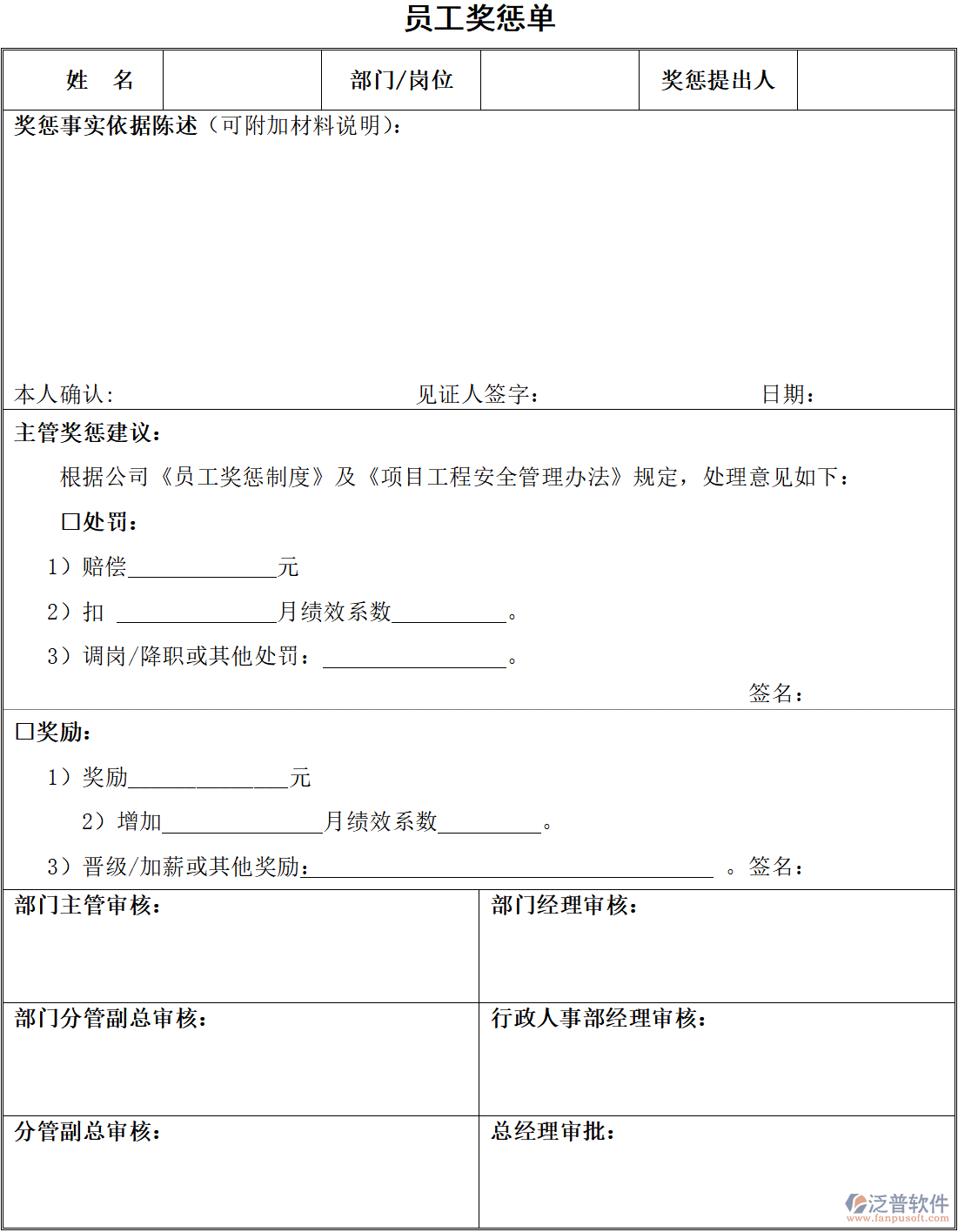 建筑工程企業(yè)員工獎懲單